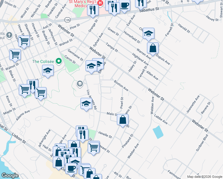 map of restaurants, bars, coffee shops, grocery stores, and more near 39 Burbank Street in Lewiston