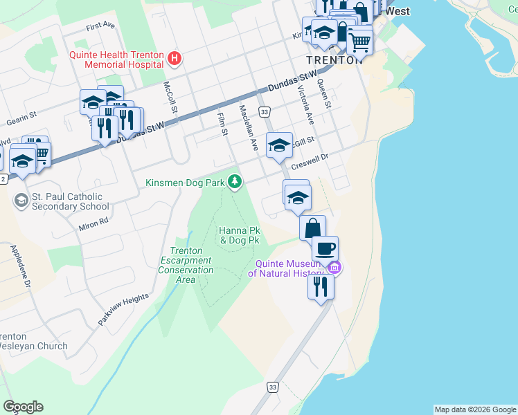 map of restaurants, bars, coffee shops, grocery stores, and more near 23 Coulter Crescent in Quinte West