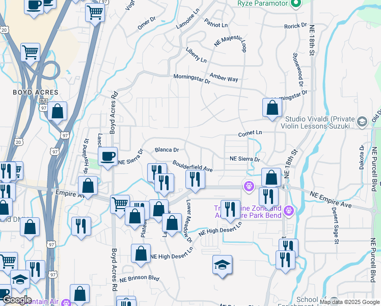 map of restaurants, bars, coffee shops, grocery stores, and more near 63168 Peale Street in Bend