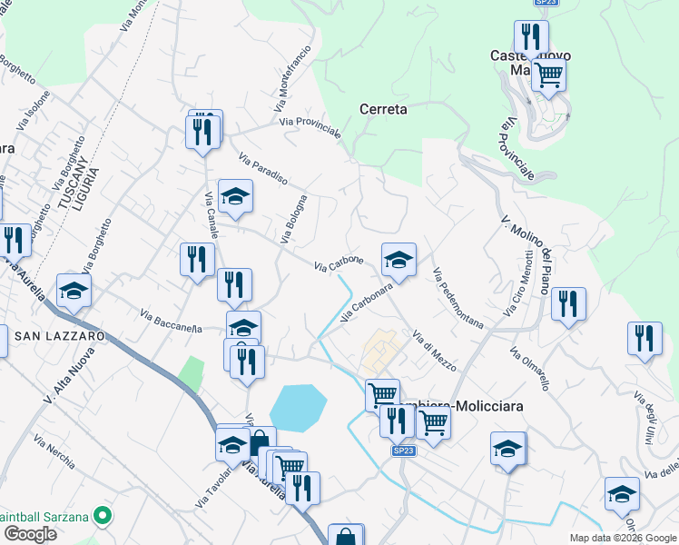 map of restaurants, bars, coffee shops, grocery stores, and more near 29 Via Carbonara in Colombiera-molicciara