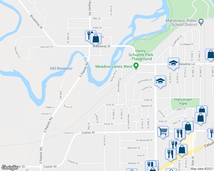 map of restaurants, bars, coffee shops, grocery stores, and more near 3900 Spring Hill Drive in Manitowoc