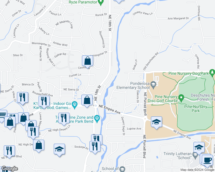 map of restaurants, bars, coffee shops, grocery stores, and more near 63164 Watercress Way in Bend