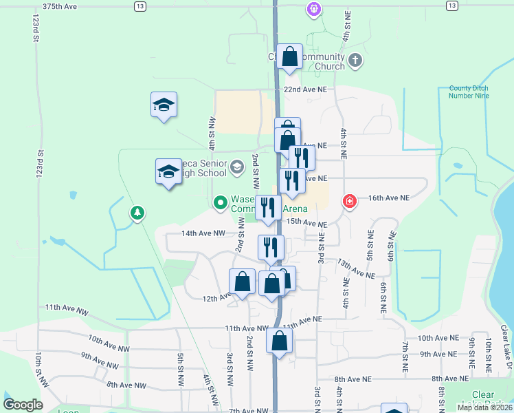 map of restaurants, bars, coffee shops, grocery stores, and more near 1700 2nd Street Northwest in Waseca
