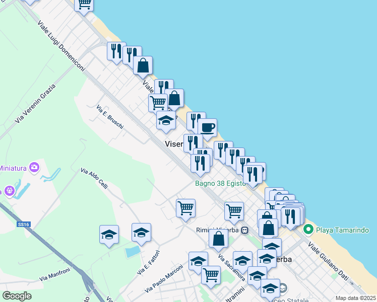 map of restaurants, bars, coffee shops, grocery stores, and more near 13 Viale Guido Petropoli in Rimini