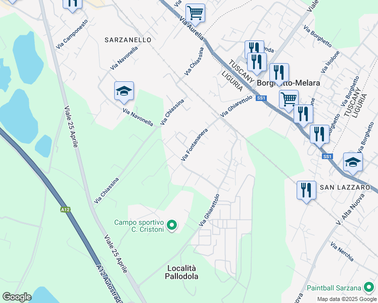 map of restaurants, bars, coffee shops, grocery stores, and more near 67 Via Fontananera in Sarzana