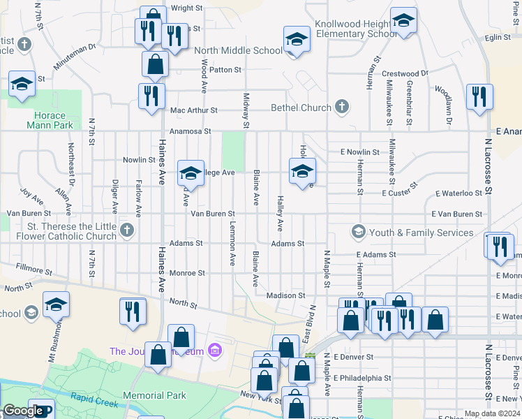 map of restaurants, bars, coffee shops, grocery stores, and more near 126 Van Buren Street in Rapid City