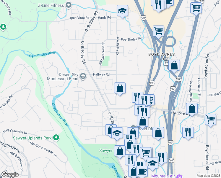 map of restaurants, bars, coffee shops, grocery stores, and more near 20265 Ellie Lane in Bend