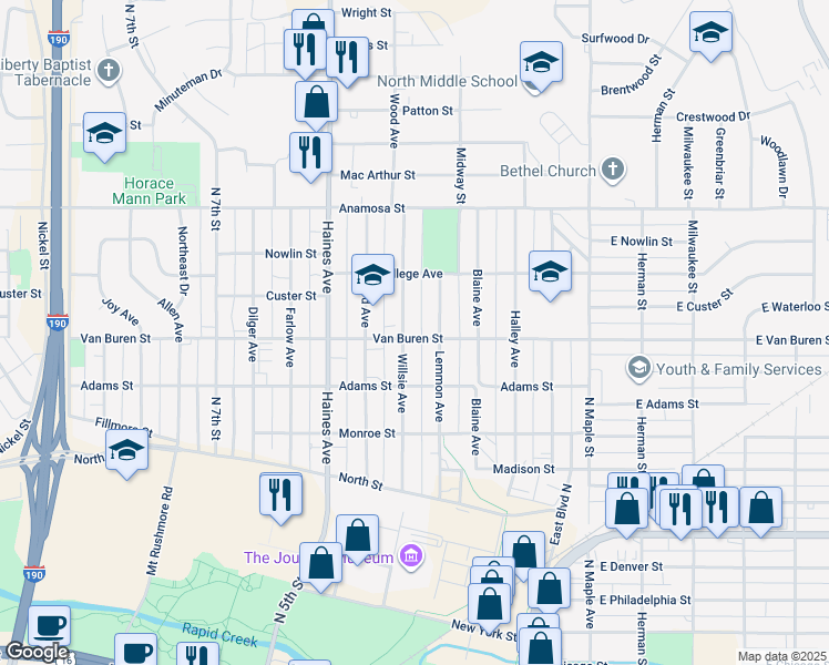 map of restaurants, bars, coffee shops, grocery stores, and more near 823 Lemmon Avenue in Rapid City