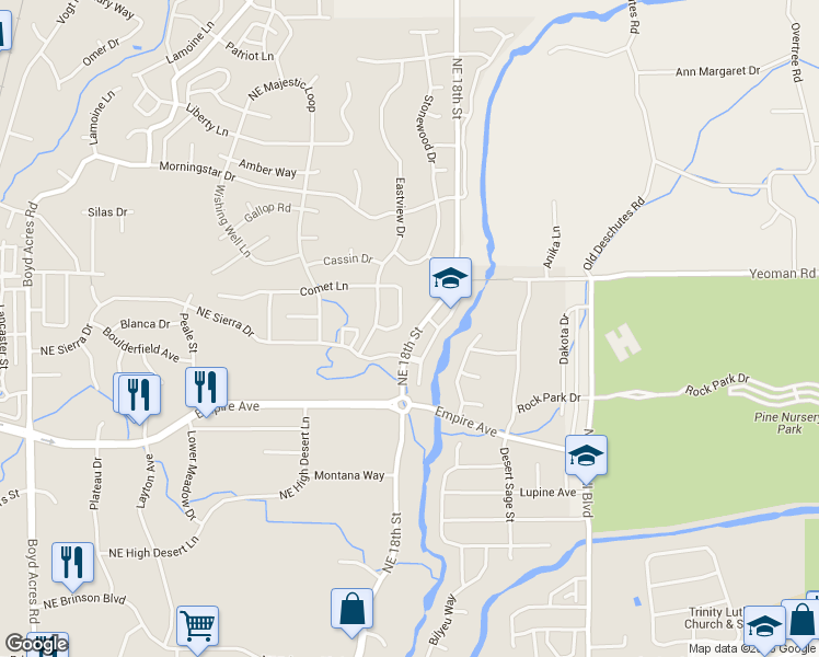 map of restaurants, bars, coffee shops, grocery stores, and more near 20850 Northeast Sierra Drive in Bend