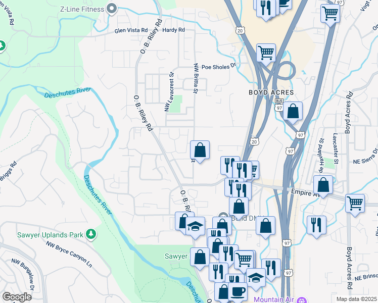 map of restaurants, bars, coffee shops, grocery stores, and more near 20265 Ellie Lane in Bend