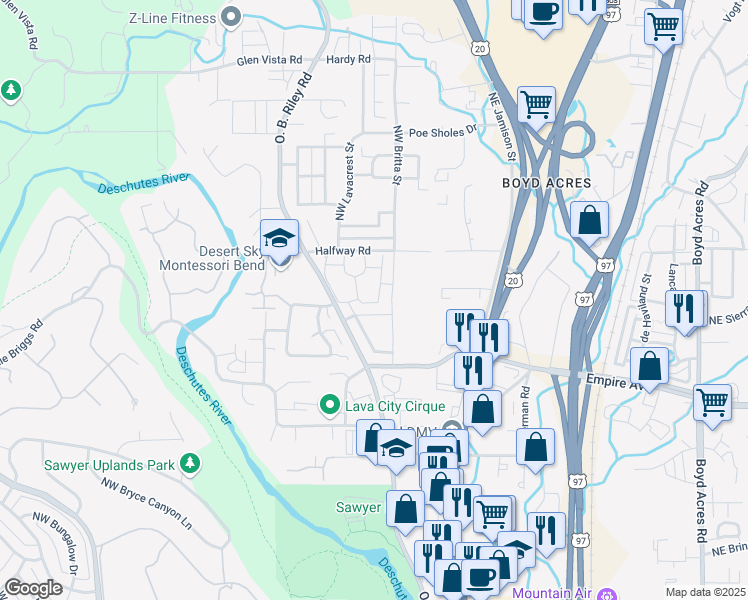 map of restaurants, bars, coffee shops, grocery stores, and more near 20265 Ellie Lane in Bend