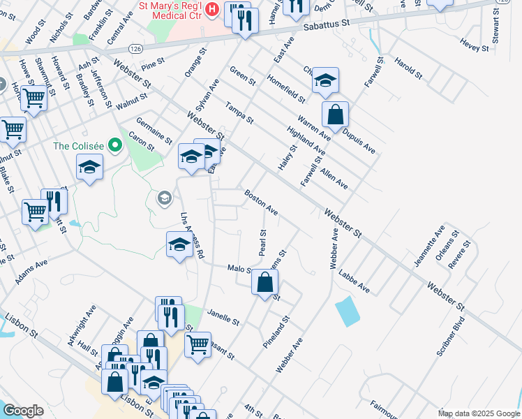 map of restaurants, bars, coffee shops, grocery stores, and more near 12 Pearl Street in Lewiston