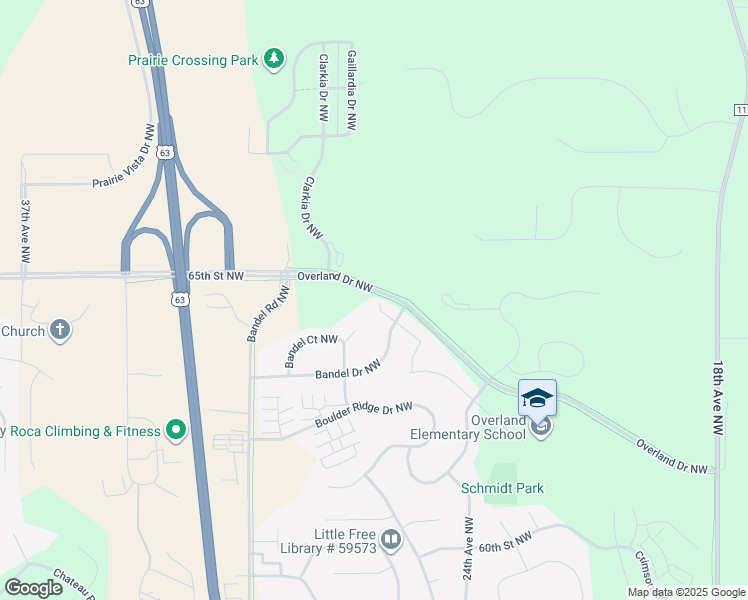 map of restaurants, bars, coffee shops, grocery stores, and more near 6459 Bandel Hills Lane Northwest in Rochester