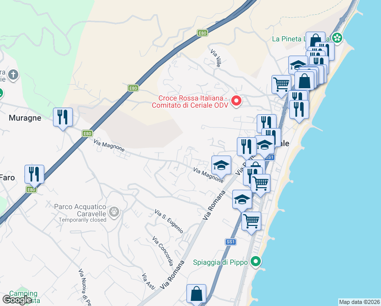 map of restaurants, bars, coffee shops, grocery stores, and more near 13 Via Magnone in Ceriale