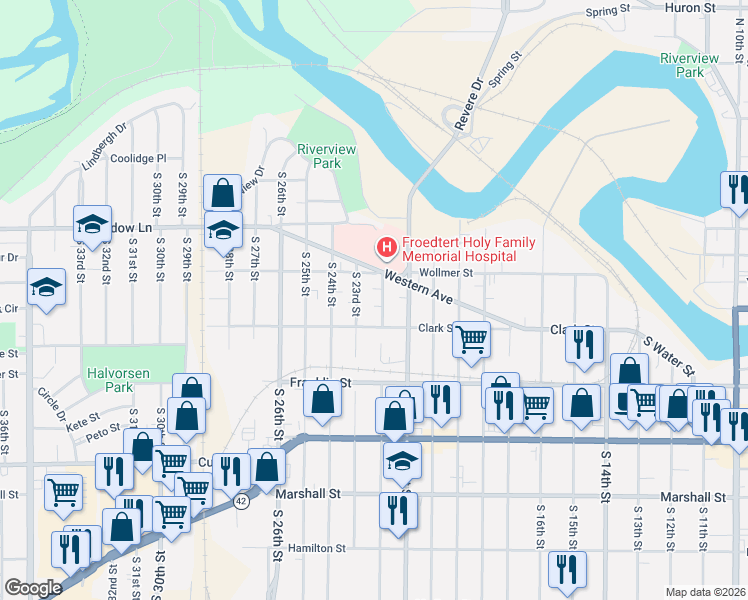 map of restaurants, bars, coffee shops, grocery stores, and more near 2216 Clark Street in Manitowoc