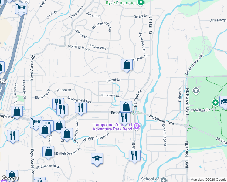 map of restaurants, bars, coffee shops, grocery stores, and more near 20980 High Desert Lane in Bend