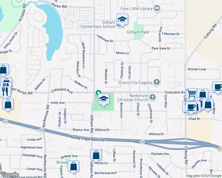 map of restaurants, bars, coffee shops, grocery stores, and more near 2102 Musket Street in Eugene
