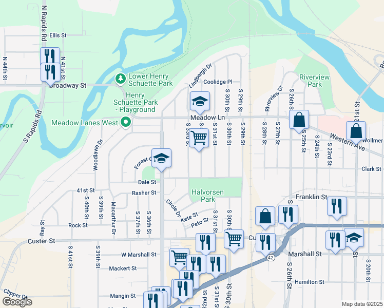 map of restaurants, bars, coffee shops, grocery stores, and more near 703 South 33rd Street in Manitowoc
