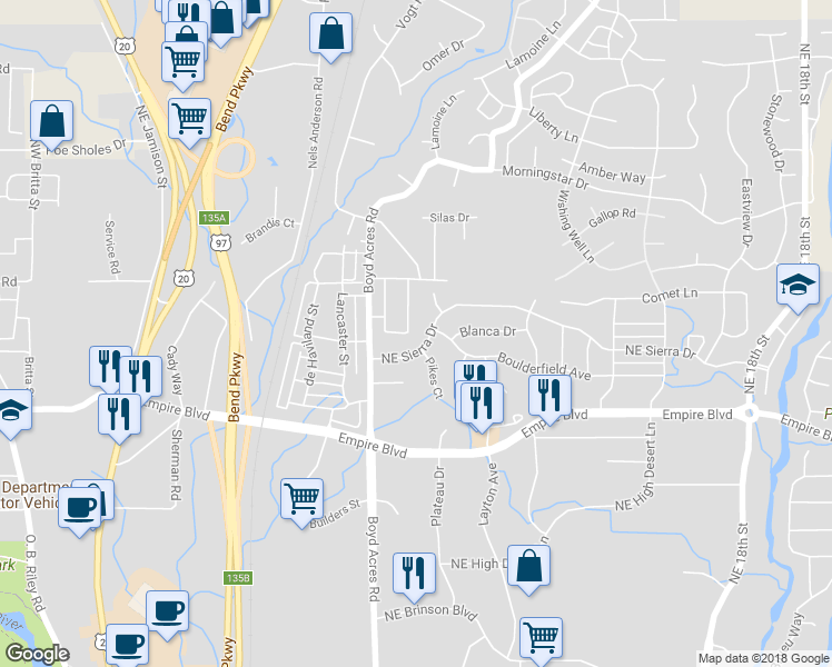 map of restaurants, bars, coffee shops, grocery stores, and more near 63137 Iner Loop in Bend