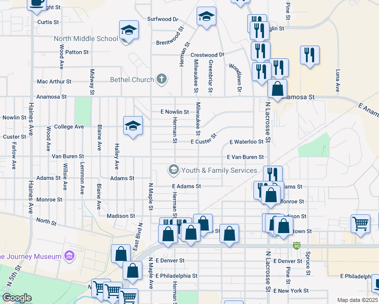 map of restaurants, bars, coffee shops, grocery stores, and more near 212 East Custer Street in Rapid City