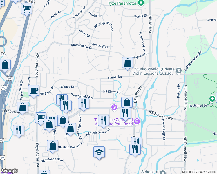 map of restaurants, bars, coffee shops, grocery stores, and more near 20749 Comet Lane in Bend