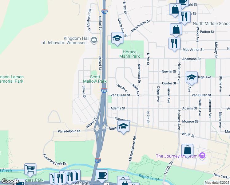 map of restaurants, bars, coffee shops, grocery stores, and more near 918 West Boulevard North in Rapid City