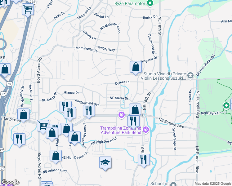 map of restaurants, bars, coffee shops, grocery stores, and more near 20749 Comet Lane in Bend