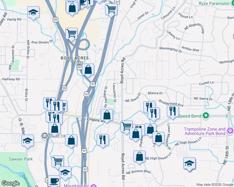map of restaurants, bars, coffee shops, grocery stores, and more near 63185 Boyd Acres Road in Bend