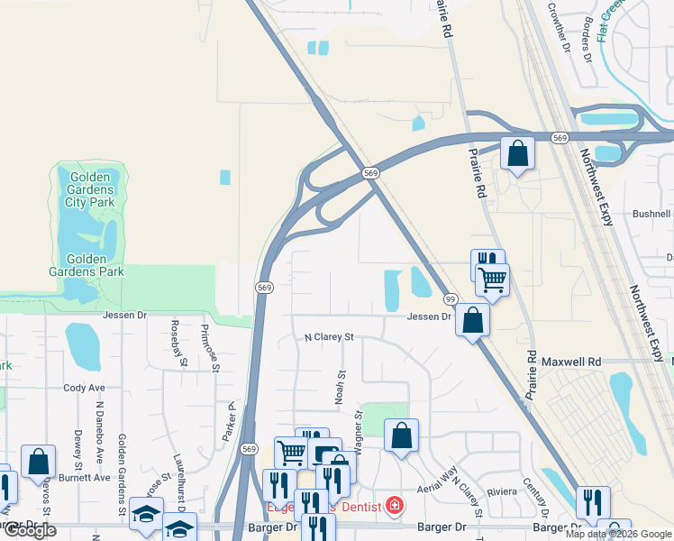 map of restaurants, bars, coffee shops, grocery stores, and more near 4203 Ashley Lane in Eugene
