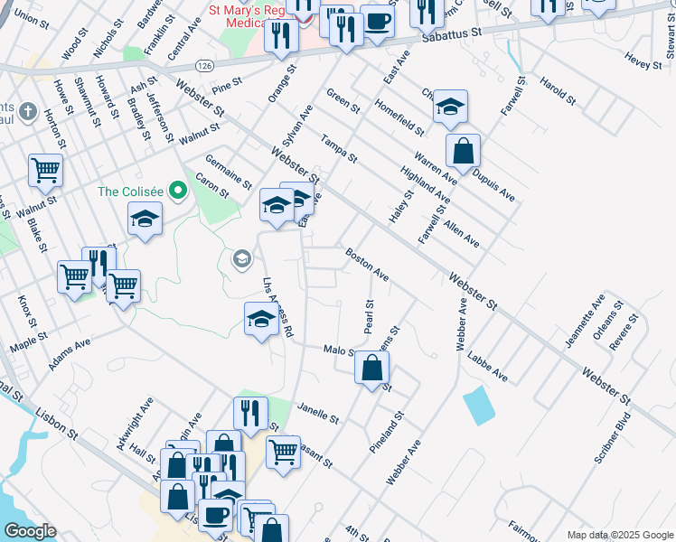 map of restaurants, bars, coffee shops, grocery stores, and more near 20 Boston Avenue in Lewiston