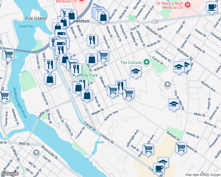 map of restaurants, bars, coffee shops, grocery stores, and more near 141 Pierce Street in Lewiston