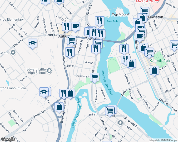 map of restaurants, bars, coffee shops, grocery stores, and more near 19 Elm Street in Auburn