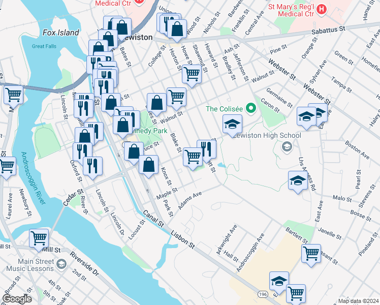 map of restaurants, bars, coffee shops, grocery stores, and more near 79 Birch Street in Lewiston