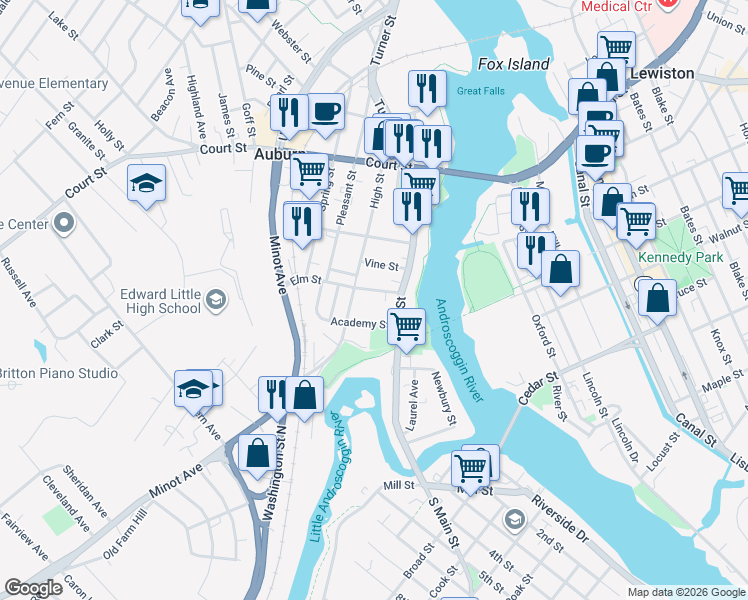 map of restaurants, bars, coffee shops, grocery stores, and more near 19 Elm Street in Auburn
