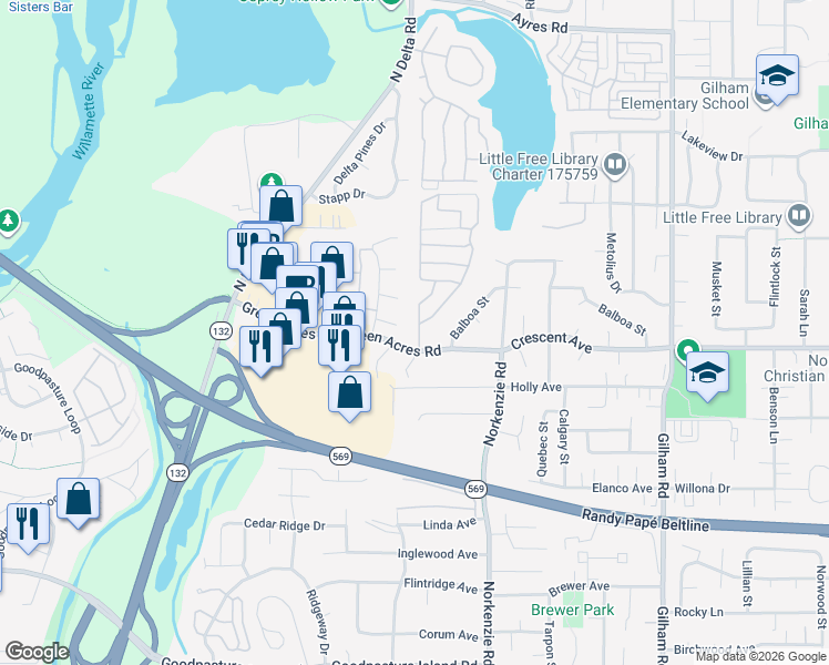 map of restaurants, bars, coffee shops, grocery stores, and more near 1475 Green Acres Road in Eugene
