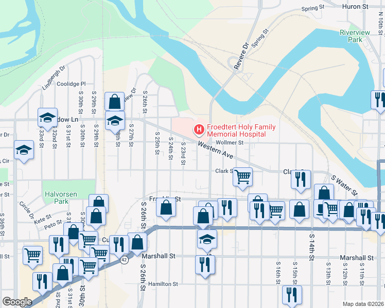 map of restaurants, bars, coffee shops, grocery stores, and more near 703 South 23rd Street in Manitowoc