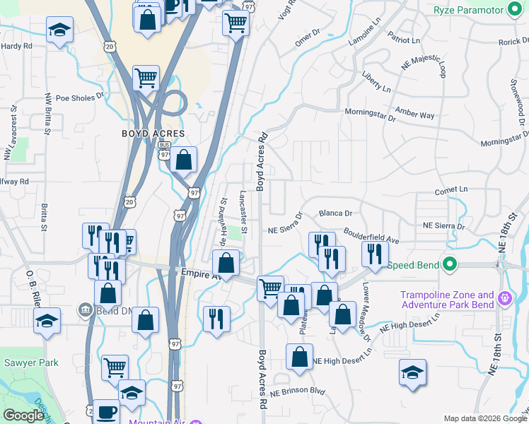 map of restaurants, bars, coffee shops, grocery stores, and more near 63185 Boyd Acres Road in Bend