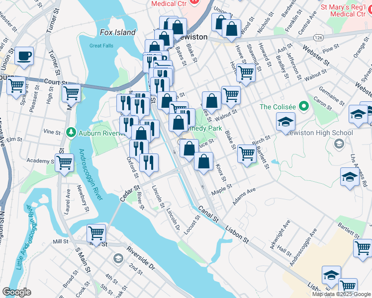 map of restaurants, bars, coffee shops, grocery stores, and more near 330 Lisbon Street in Lewiston