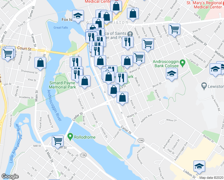 map of restaurants, bars, coffee shops, grocery stores, and more near 330 Lisbon Street in Lewiston