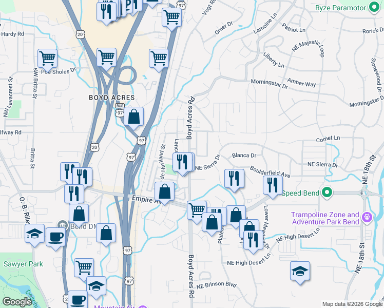 map of restaurants, bars, coffee shops, grocery stores, and more near 63185 Boyd Acres Road in Bend
