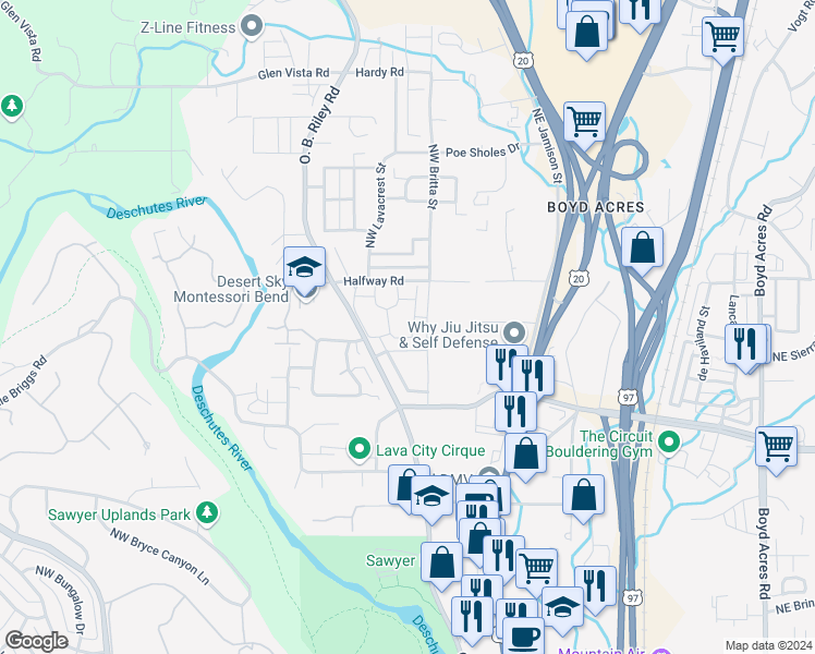 map of restaurants, bars, coffee shops, grocery stores, and more near 63106 Northwest Via Cambria in Bend