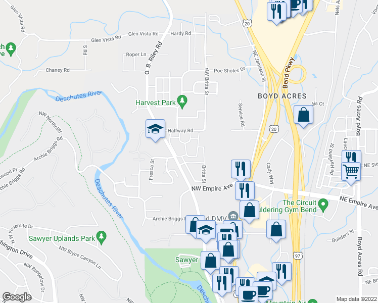 map of restaurants, bars, coffee shops, grocery stores, and more near 63106 Northwest Via Cambria in Bend