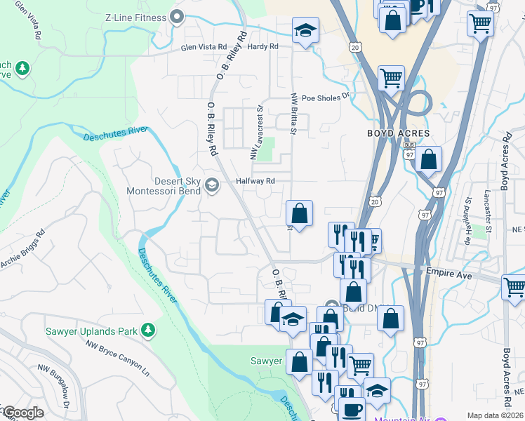 map of restaurants, bars, coffee shops, grocery stores, and more near 63179 NW Via Palazzo in Bend