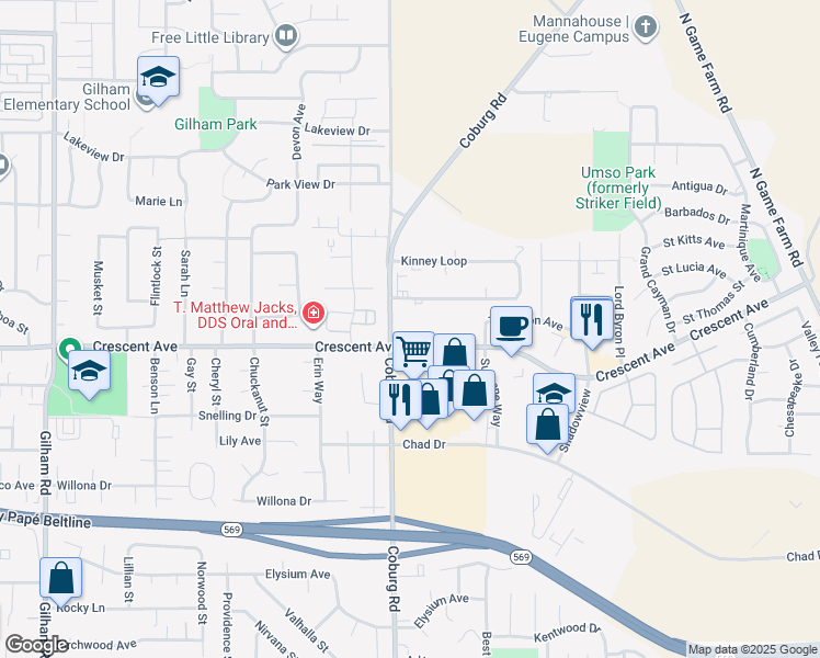 map of restaurants, bars, coffee shops, grocery stores, and more near 2802 Kinney Loop in Eugene