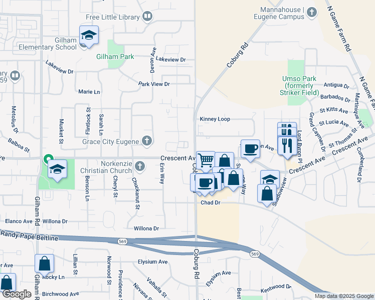 map of restaurants, bars, coffee shops, grocery stores, and more near 2745 Matt Drive in Eugene