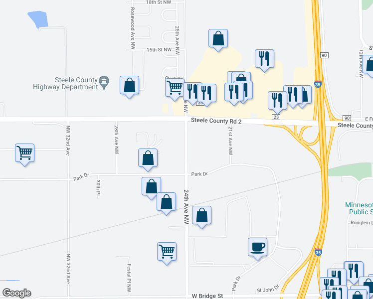 map of restaurants, bars, coffee shops, grocery stores, and more near 1040 24th Avenue Northwest in Owatonna