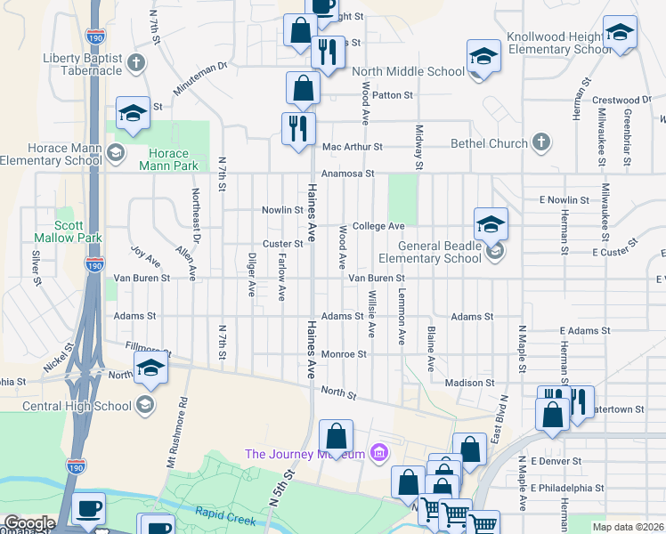 map of restaurants, bars, coffee shops, grocery stores, and more near 907 Wood Avenue in Rapid City