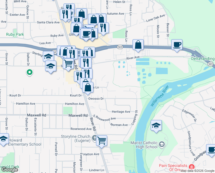 map of restaurants, bars, coffee shops, grocery stores, and more near 155 Corliss Lane in Eugene