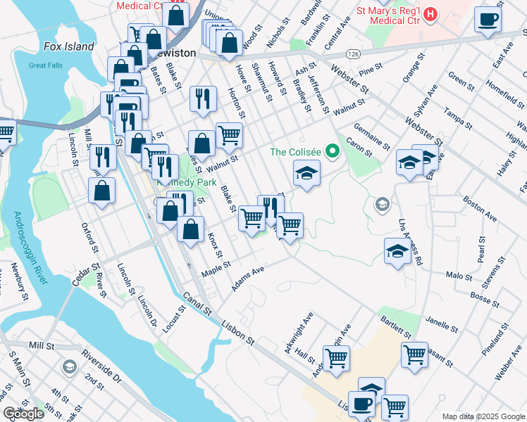 map of restaurants, bars, coffee shops, grocery stores, and more near 195 Bartlett Street in Lewiston