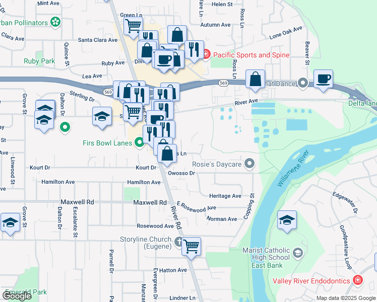 map of restaurants, bars, coffee shops, grocery stores, and more near 135 Corliss Lane in Eugene
